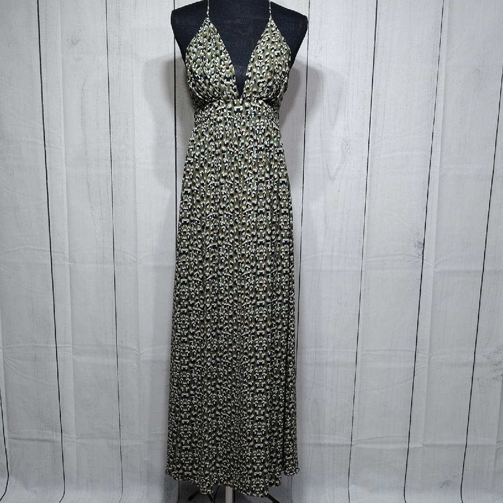 Elegant Olive Green With Black and White Patterned Maxi Dress